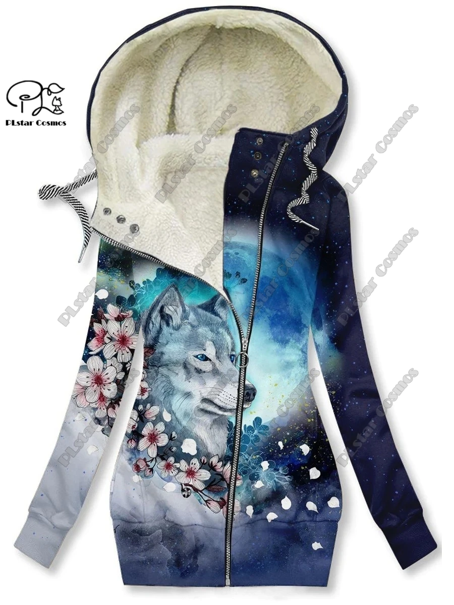 New 3D printing retro series floral and animal patterns plus velvet and warm women's long zipper sweatshirt casual winter L-6