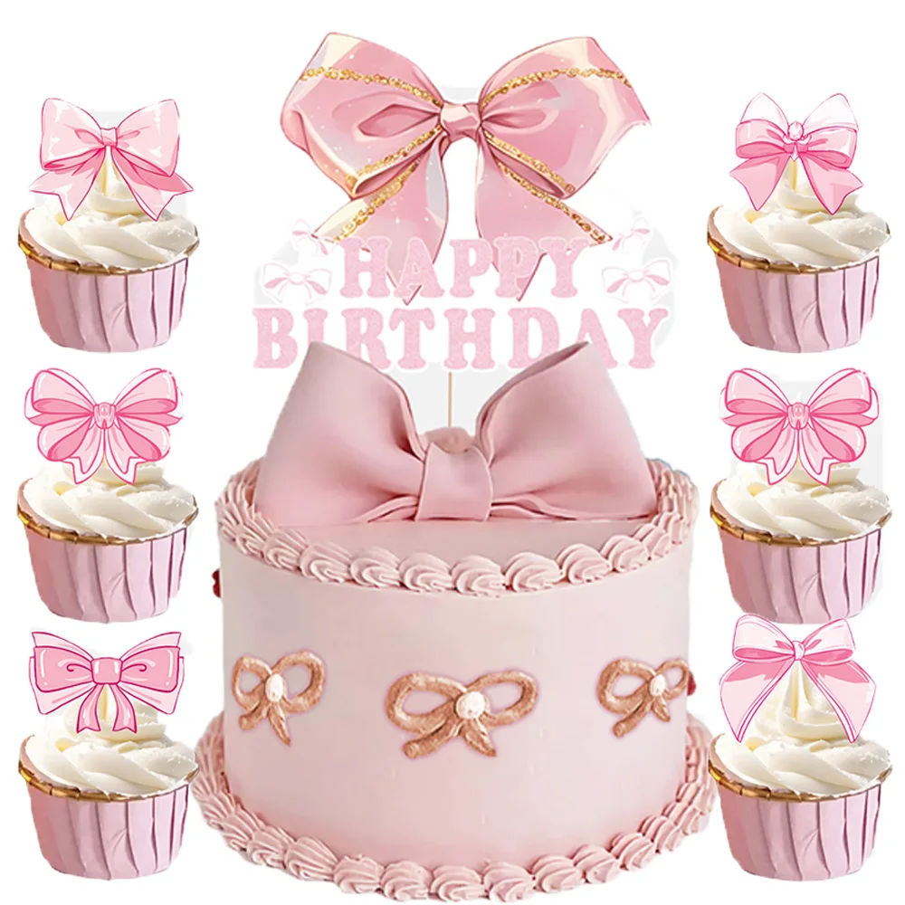 Pink Bow Birthday Cake Toppers for Women Bowknot Cake Decorations Cupcake Topper Wedding Pink Bows Cake Decor Girl Baby Shower