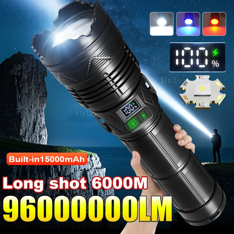 

Светодиодный ручной фонарик Paweinuo, ультра-яркий, 15000 мАч, 96000000LM, масштабируемый тактический фонарь, аккумуляторная батарея, мощный фонарик