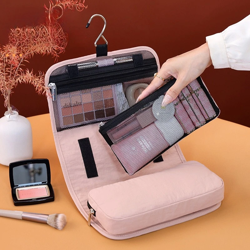 Hanging Travel Cosmetic Bag Mesh Visible Makeup Organizer Large Capacity Foldable Multi Compartment Storage Pouch For Women Trip