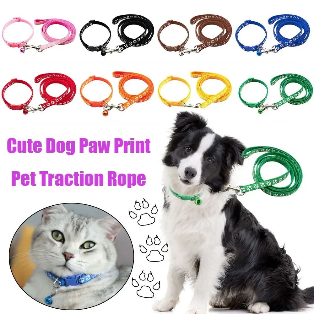 Dog Paw Print Pet Traction Rope Adjustable with Collar Puppy Collar Set Pet Walking Lead Rope Breathable Puppy Cat Accessories