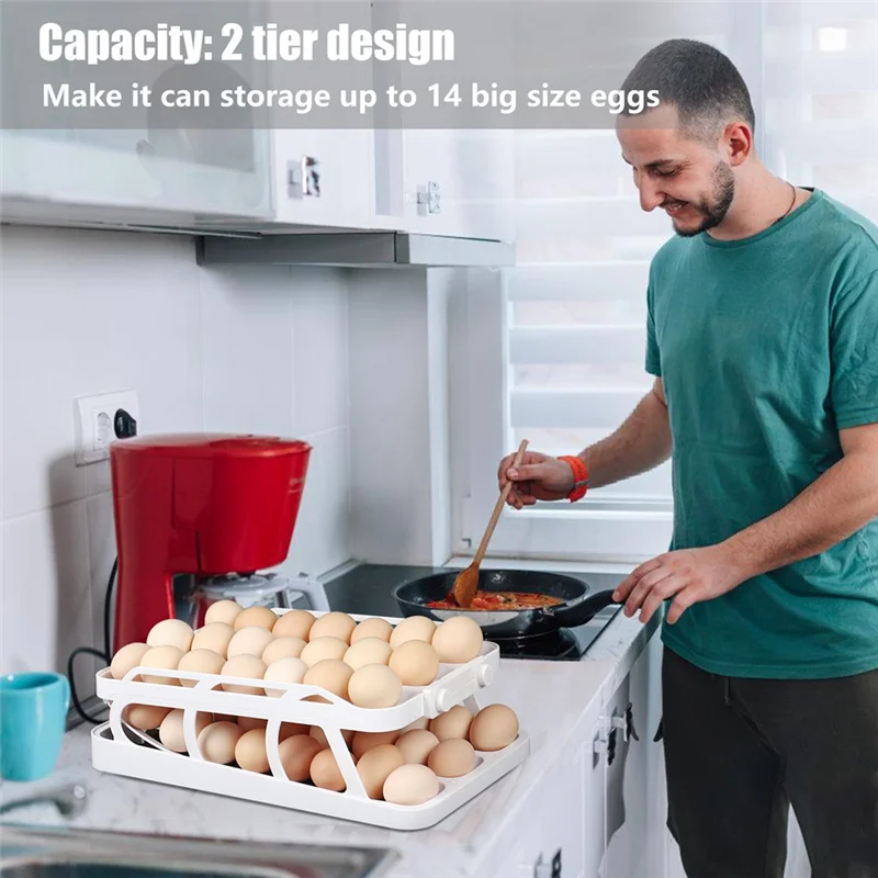 

N08R Egg Dispenser, Rolling Egg Holder Dispenser, Refrigerator Egg Dispenser And Refrigerator Storage Organizer,2PCS,White Durab