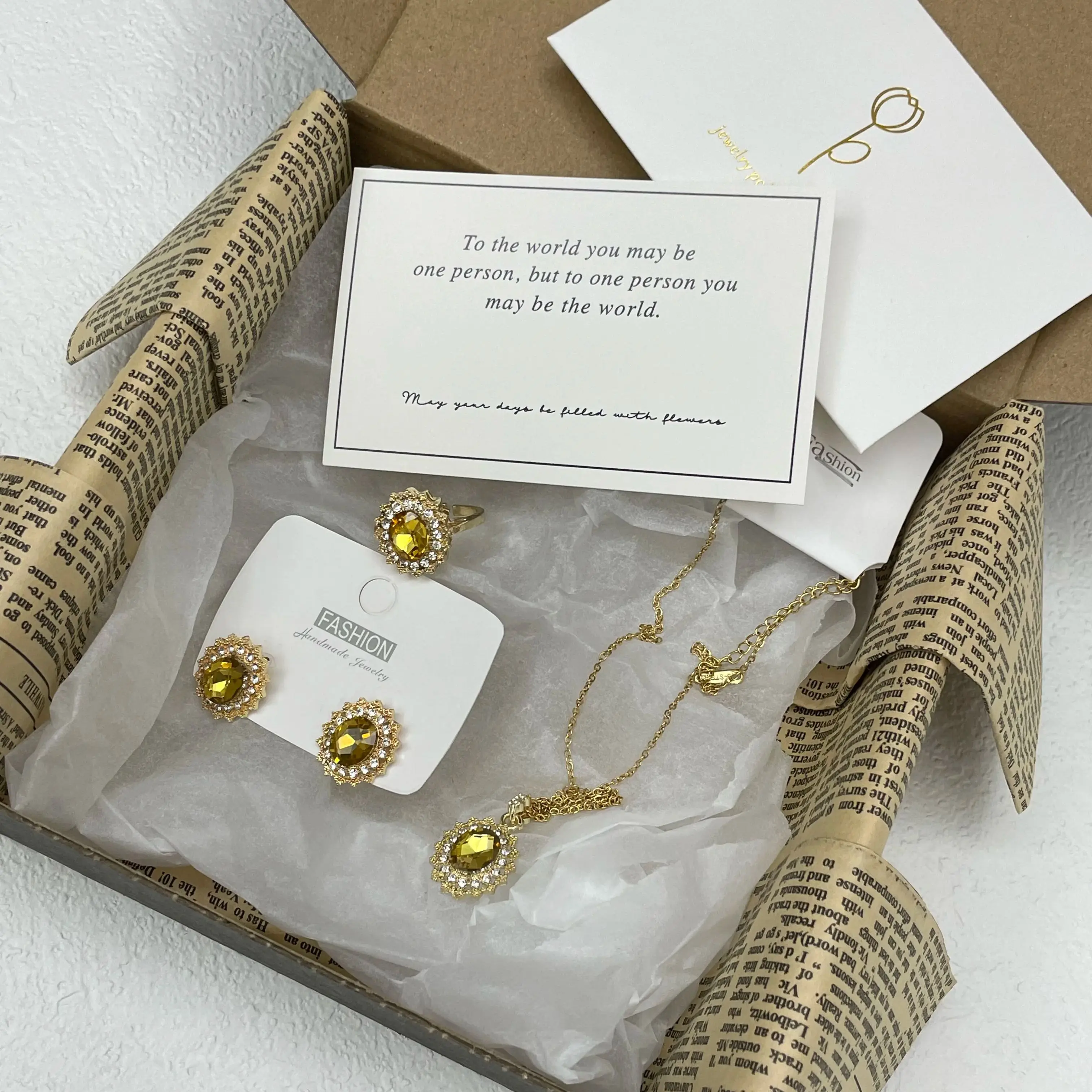 

Vibrant Yellow Crystal Jewelry Set for Women: Necklace, Earrings, Ring Sparkling Diamond-like Gift for Party, Anniversary Date