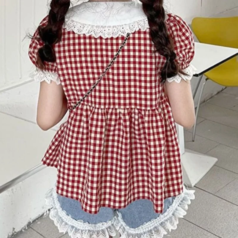 Red Plaid Shirts Women Sweet Peter Pan Collar Students Vintage Japanese Style All-match Casual Fashion Summer Personality Chic