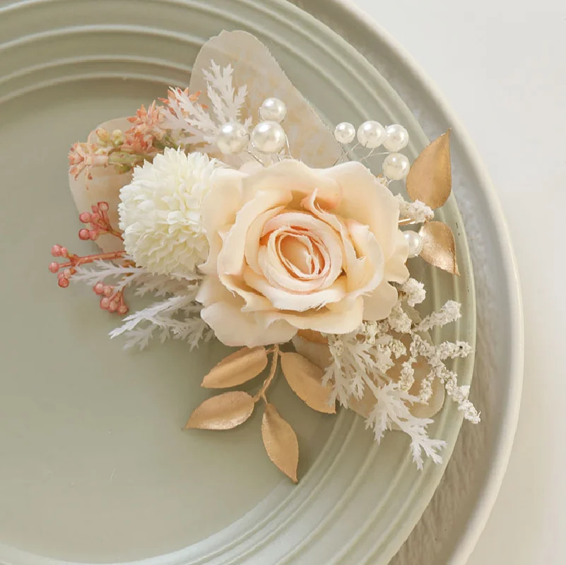 Buquê de flor de casamento artificial, Flor falsificada artificial, Corsage Handed, Boutonniere feminino, Rosa champanhe, atacado, 2437