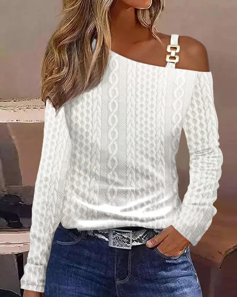 Camisa con hombros descubiertos y cadena para mujer, blusa informal de manga larga con estampado para mujer, Top con cuello oblicuo para oficina 2023