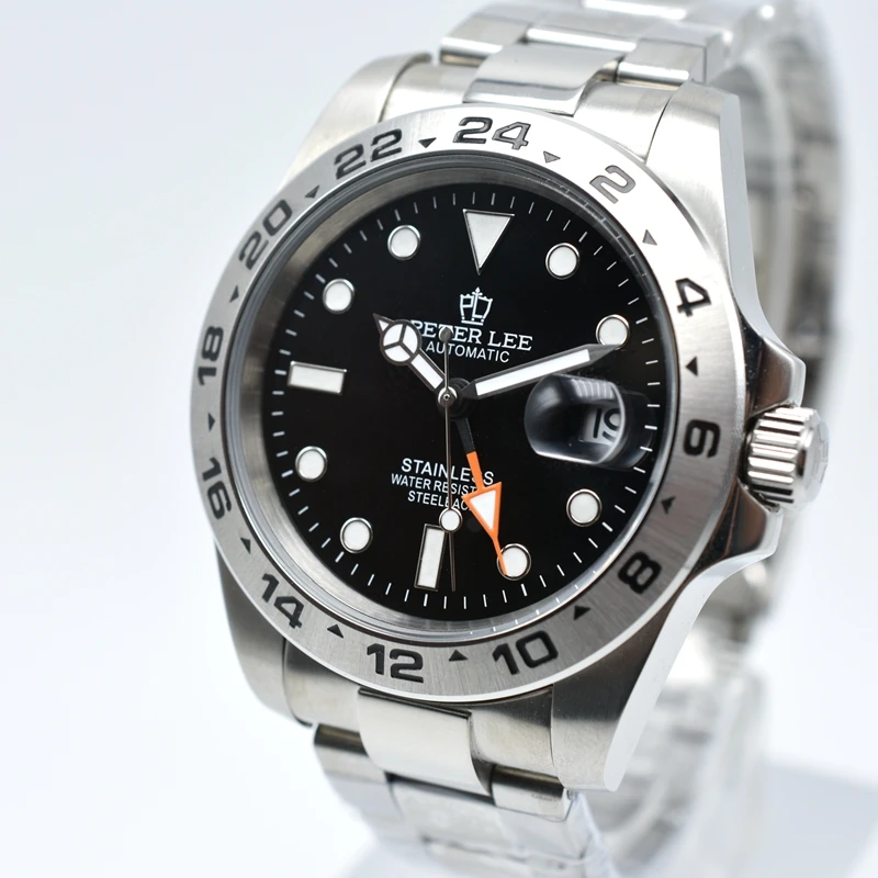 2022 PETER LEE 42MM Thép Không Gỉ Cơ Tự Động Nam Dây Ngày Tự Động GMT Đơn Giản Thiết Kế Đồng Hồ Nam Quà Tặng Đồng Hồ Đeo Tay