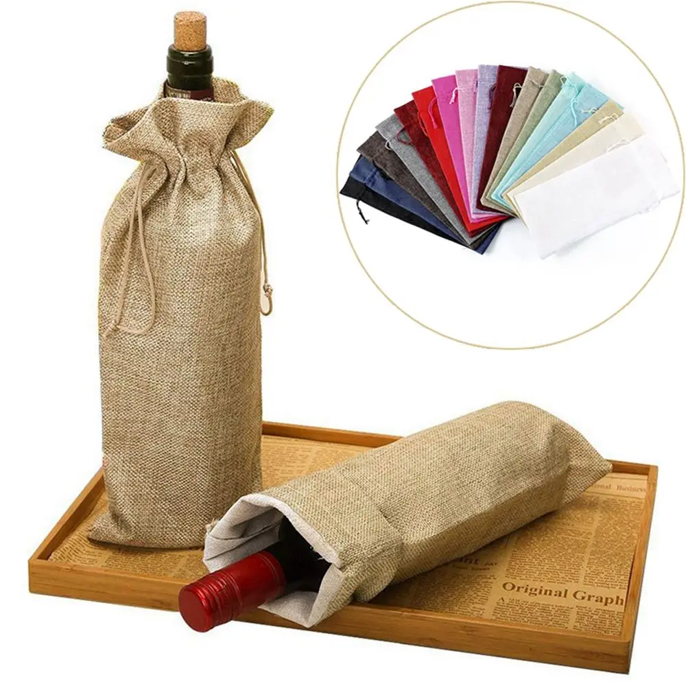 

Red Wine 10pcs/set Party Decoration Wedding Burlap Linen Champagne Pouch Wine Bottle Covers Wine Bags Packaging Bag