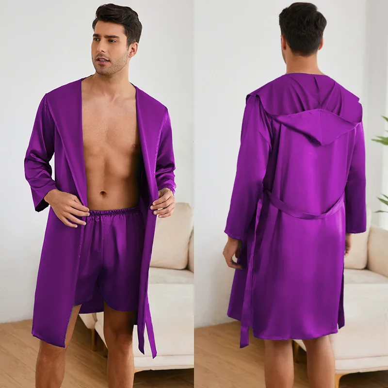 New Men's Robe Shorts Suit Two Piece Pajamas Sleepwear Loose Casual Hooded Bathrobe Gown Loungewear Ice Silk Homewear Lingerie view 2