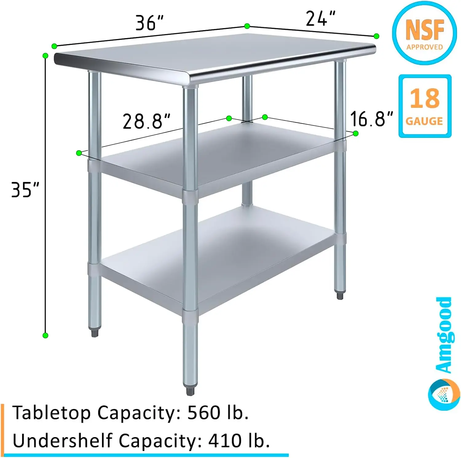 Work Table with 2 Shelves Metal Utility Table Commercial & Residential NSF Utility Table