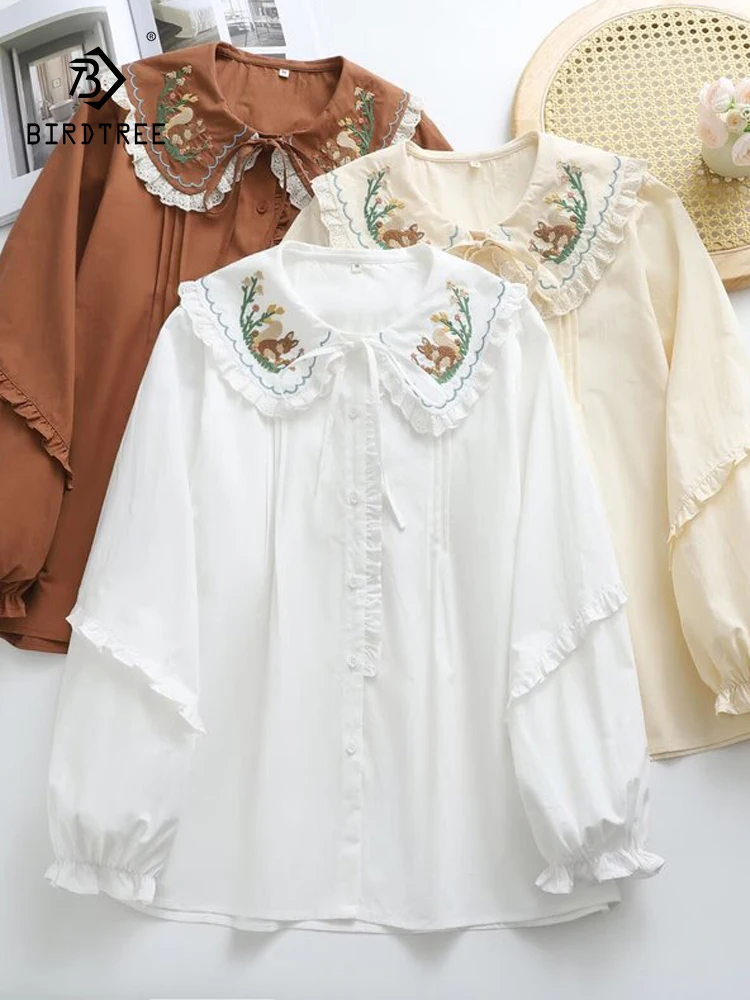 

Новая женская хлопковая рубашка с длинным рукавом Весна 2026, с вышивкой и воротником Питер Пэн, в стиле Мори, омолаживающая, шикарная свободная блузка T61053CC