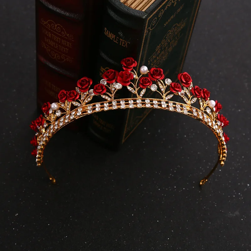 New red rose crown for women's fashion, wedding dress accessories, headwear for brides, and birthday headbands for girls
