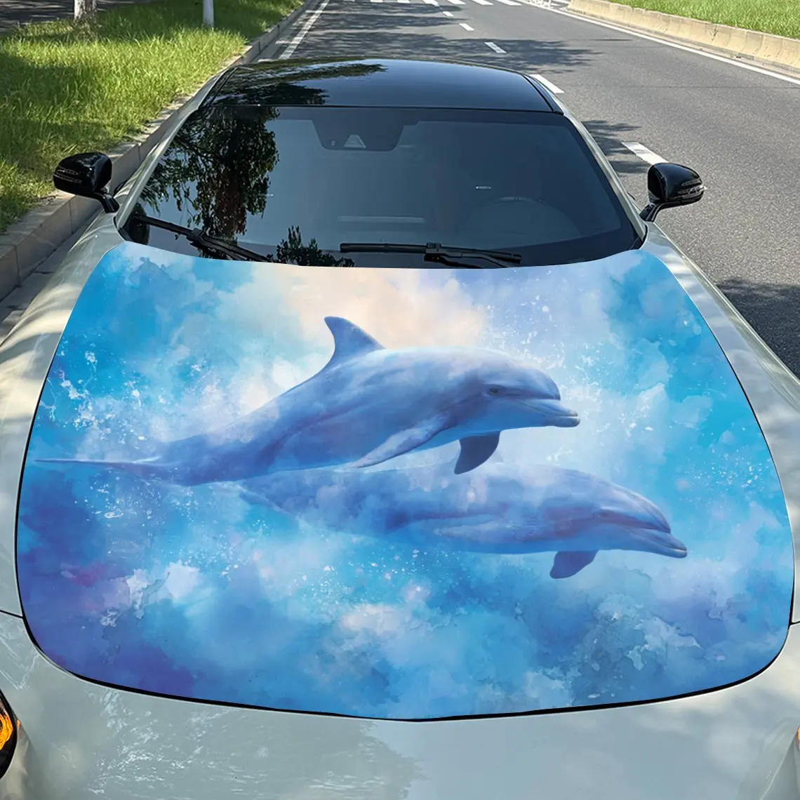 Автомобильные наклейки, изящные дельфины, плавающие в голубое небо - как фон, наклейка на капот автомобиля, водостойкая самоклеящаяся виниловая графика