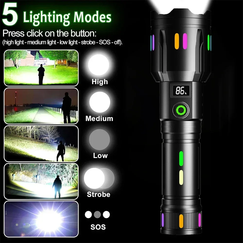 Tactical Zoomable White Laser Flashlight 3000M Long-Range TYPE-C Rechargeable Fluorescent Spotlight with Tail Glass Breaker