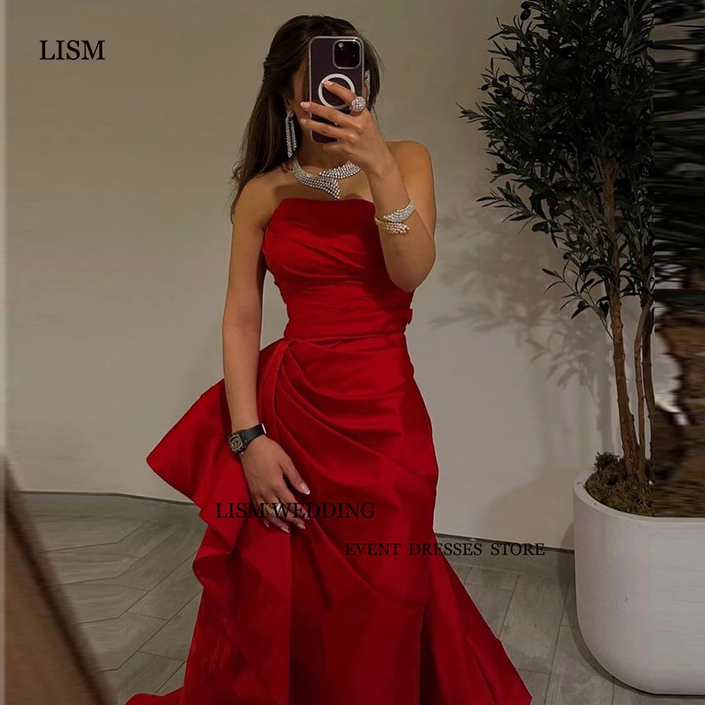 

LISM Red Evening Dresses Saudi Arabic Satin Strapless Pleats Floor Length Wedding Party Dress Prom Gowns Formal Occasion Vestido