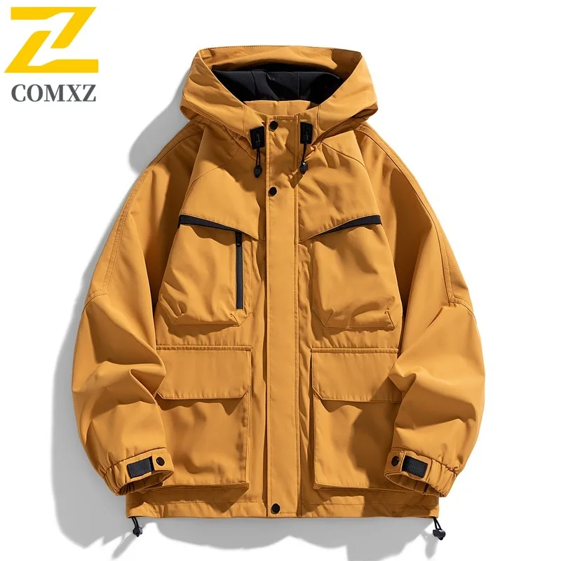 

COMXZ Men Hooded Tooling Coat 2025 Outdoor Windproof Waterproof Adventure Climbing Valley Jacket Techwear Multi Pocket Jacket