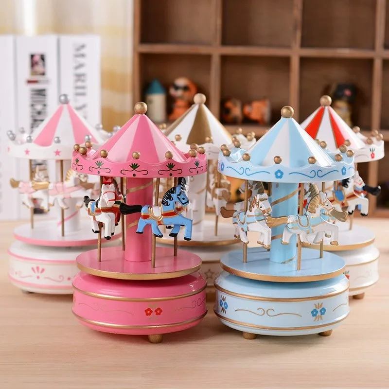 

Home Decor Carousel Music Box Vintage Christmas New Year Retro Birthday Gift Wooden Music Box Rotating Horse Musical Boxes