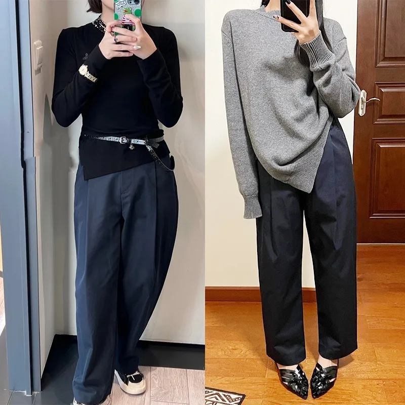 

Fall/Winter British Rock Lettering Mushroom Button Cotton Blend Semi-Elastic Waist Embroidered Straight Casual Pants Women