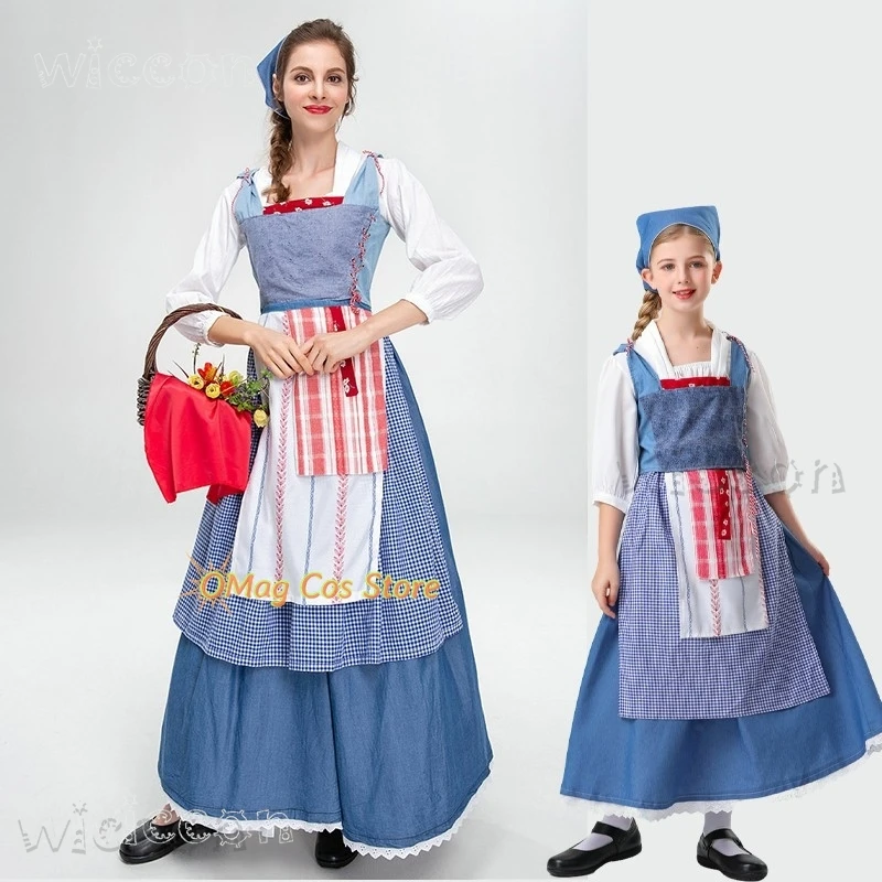 

Halloween costume German Munich Oktoberfest Farm Manor Maid Dress Vintage Denim Skirt Medieval Perform Cosplay disfraz adulto mu