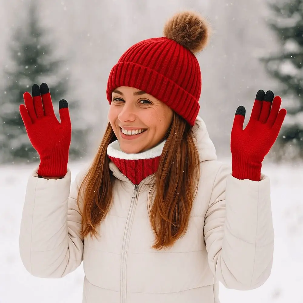 3 قطعة/المجموعة كبيرة الشعر الكرة الشتاء محبوك قبعة الدفء رشاقته محبوك قبعة وشاح وقفازات بلون الدافئة البلوز قبعة المرأة