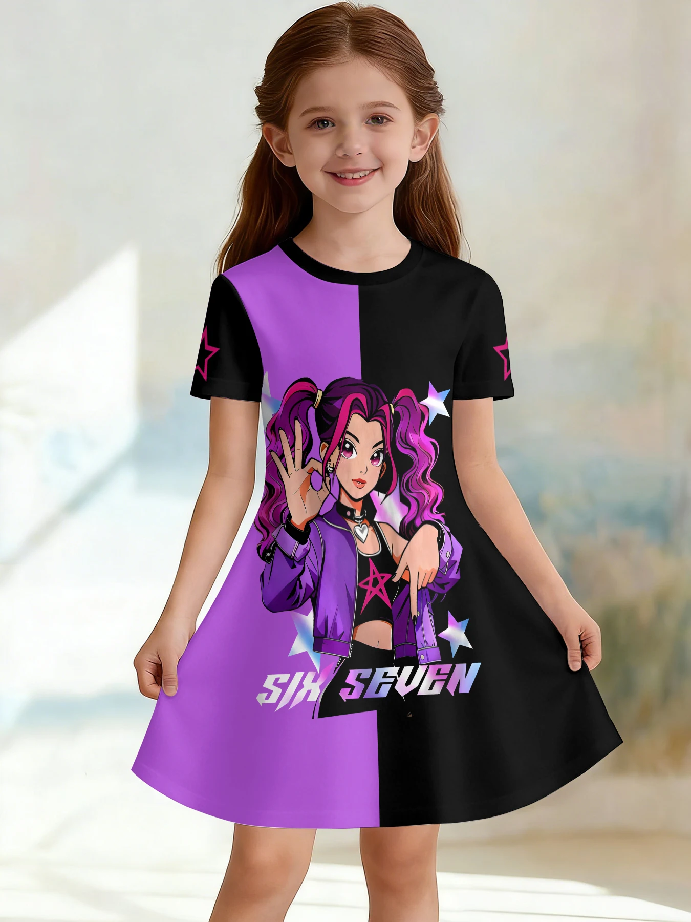 VGirls 3D Crew Neck A-line Dress, Girl Group Stage Colorful Trendy Color-block Print, Perfect for Parties and Birthday Gifts.