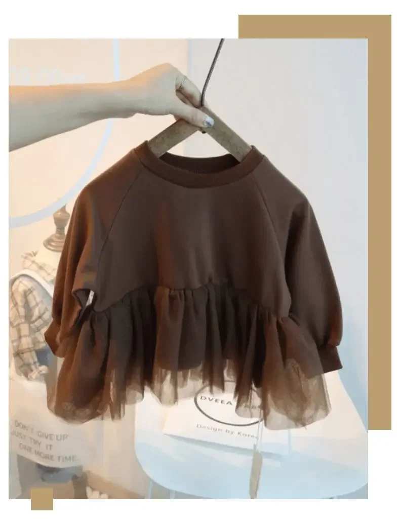 Sweatshirts O-neck Collar A-line Lace Pullover Cotton Solid Soft Simple Clean Fashion Casual Comfortable Autumn Girls Kids