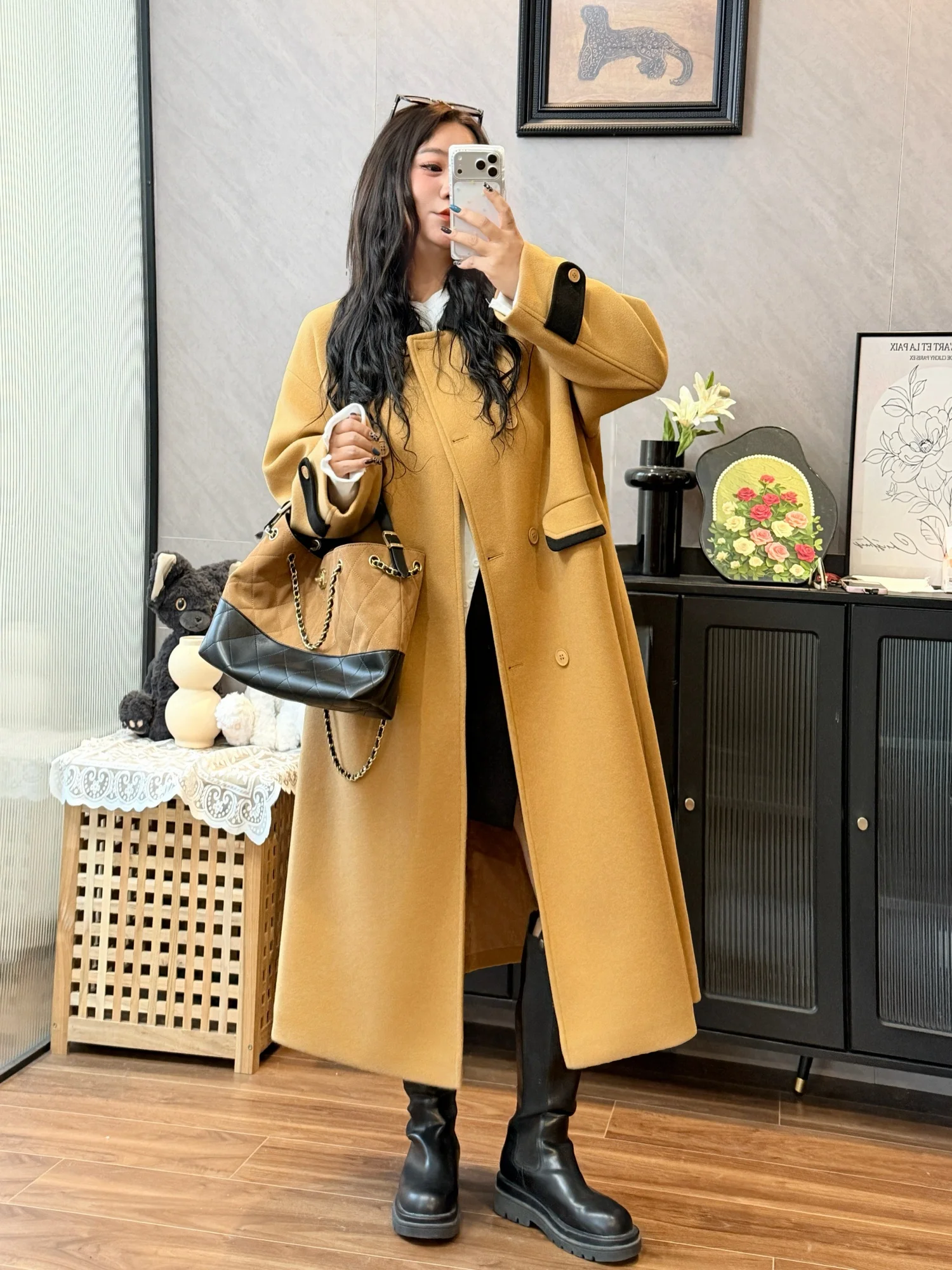 

Утепленное шерстяное пальто большого размера для женщин, средней длины, с цветным принтом, на хлопковой подкладке, зимнее, в корейском стиле, с меховой отделкой