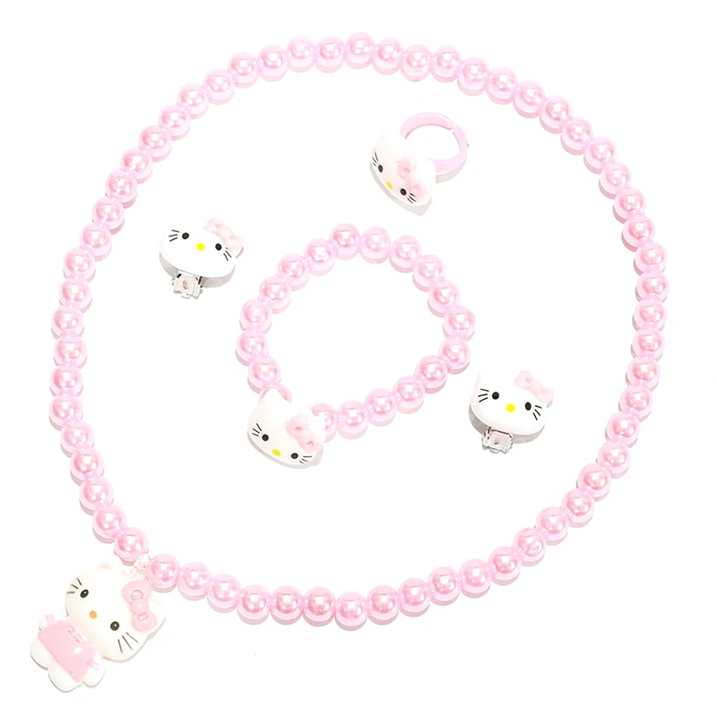 4pcs/set Sanrio Cartoon Hello Kitty Necklace Finger Ring Bracelet Set Kawaii Birthday Gifts For Girls Jewelry Accessories