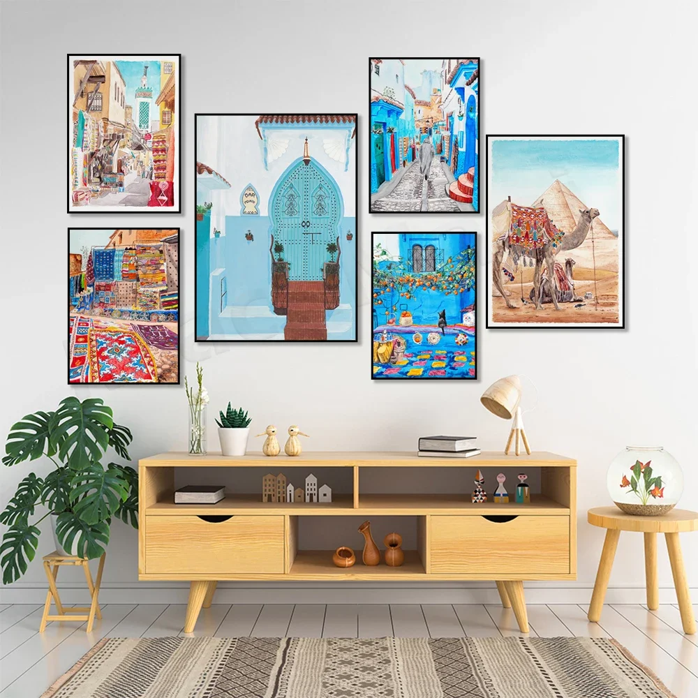 Chefchaouen, Fez city, Marrakech, Medina, Karnak Temple, Moroccan spice shop, Zaytuna mosque, Morocco blue city travel poster