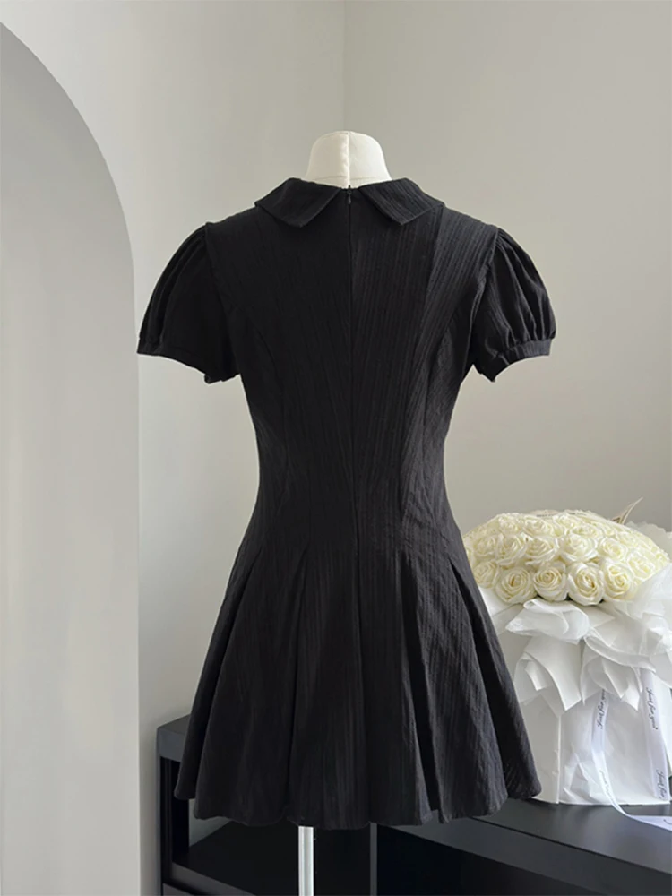 Sommer Französisch Vintage Mini schwarz Hemd Kleid Frauen 1920er Jahre altes Geld Kurzarm Plissee Kleider Party einteiligen Abend süß