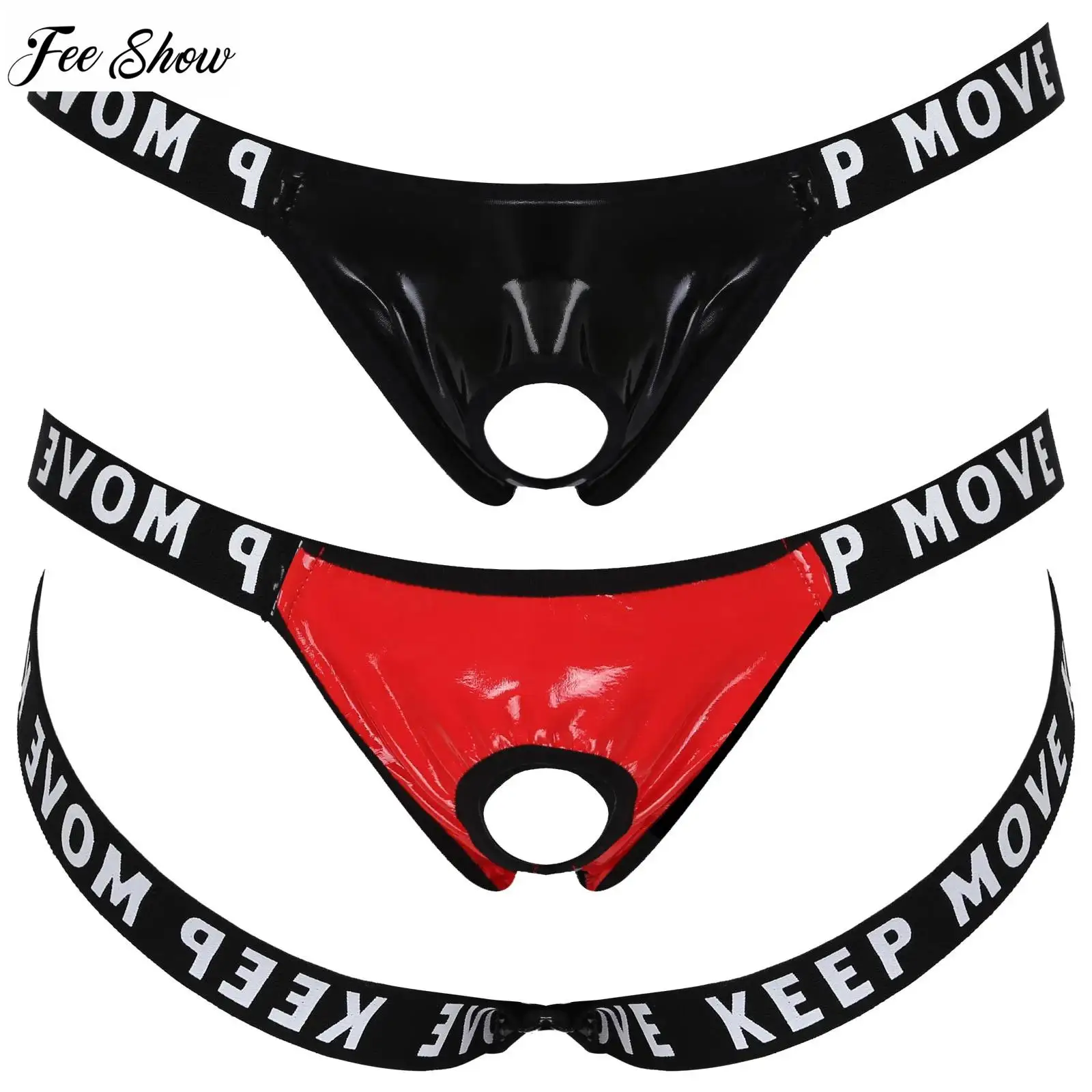 

Men's Hollow Out Patent Leather Bulge Pouch Jockstrap T-Back Letter Print Waistband Open Butt Thongs Underwear