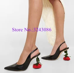 New Black Leather Rose Heel Lady Pumps Fashion Design Pointed Toe Strange Heel Dress Shoes Sexy Female High Heels Single Shoes