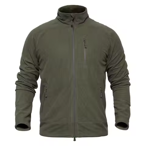 Men's Tactical Grid Fleece Jacket Full Zip Stand Collar Warm Windproof Outdoor Hiking Fishing Fleece Coat Base Layer