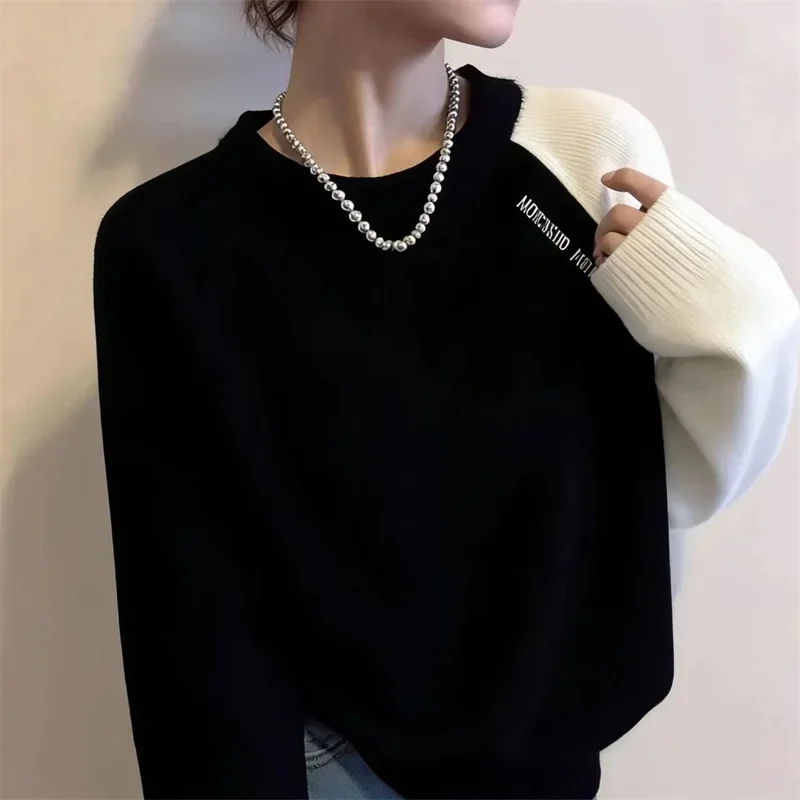 Korean Lady Round NNeck Casual Sweater Spring Autumn Women Fashion Long Sleeved Pullover Knit Female Contrasting Striped Knitted