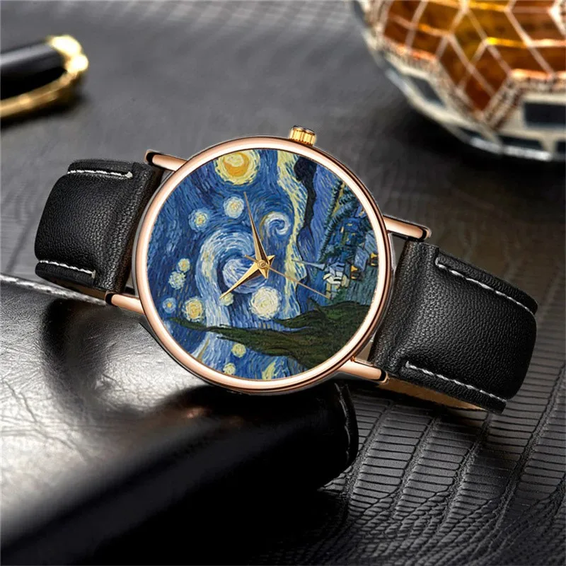 Creative Painting Design Women\'s Watches Simple Three-pin Leather Strap The Starry Night Ladies Casual Watch Gift For Women Men