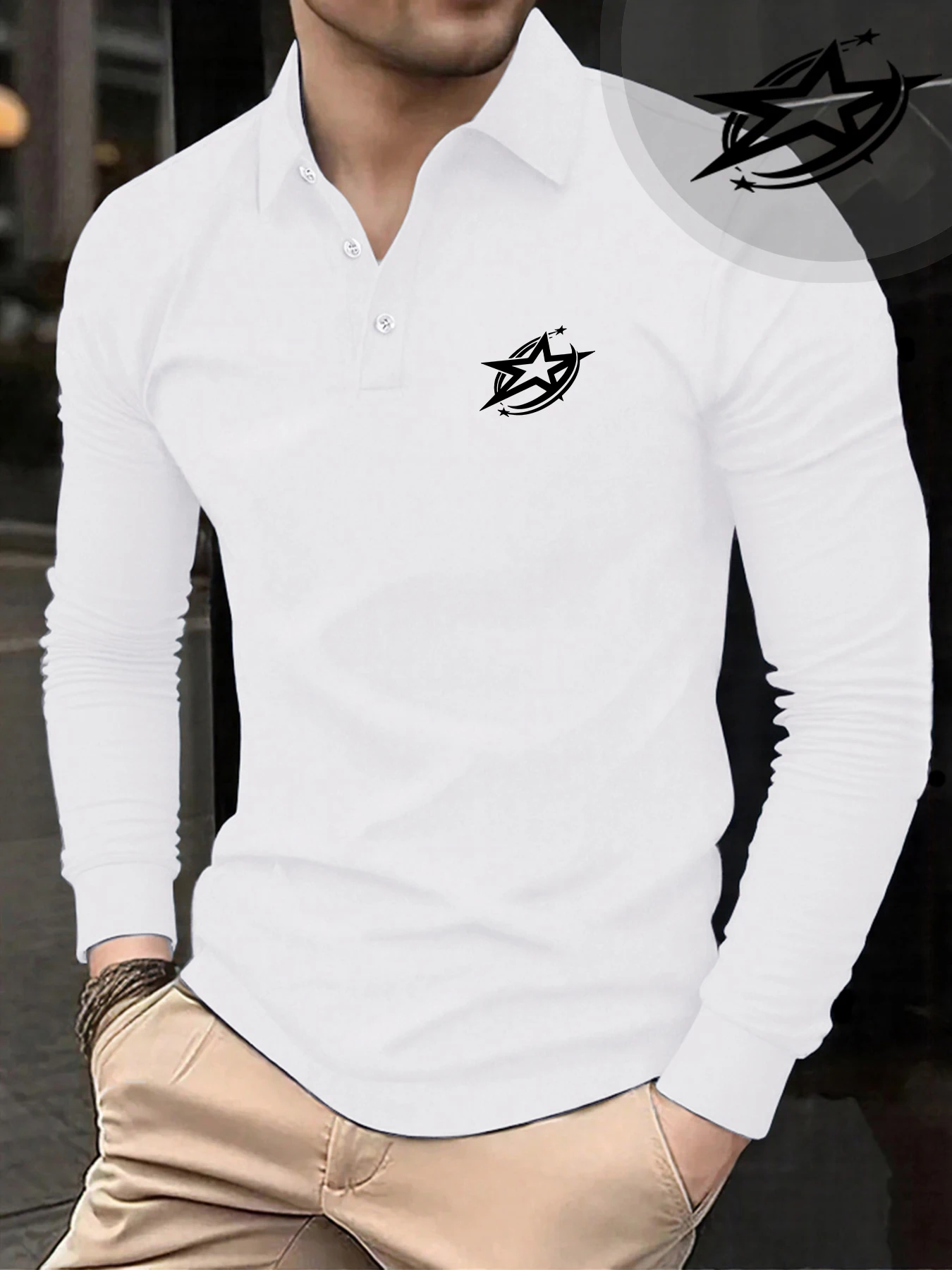 Personalized Star Printing Male Polo Shirt Breathable Clothes Skin-Friendly Lapel Clothing Button Fashion Casual Long Sleeve