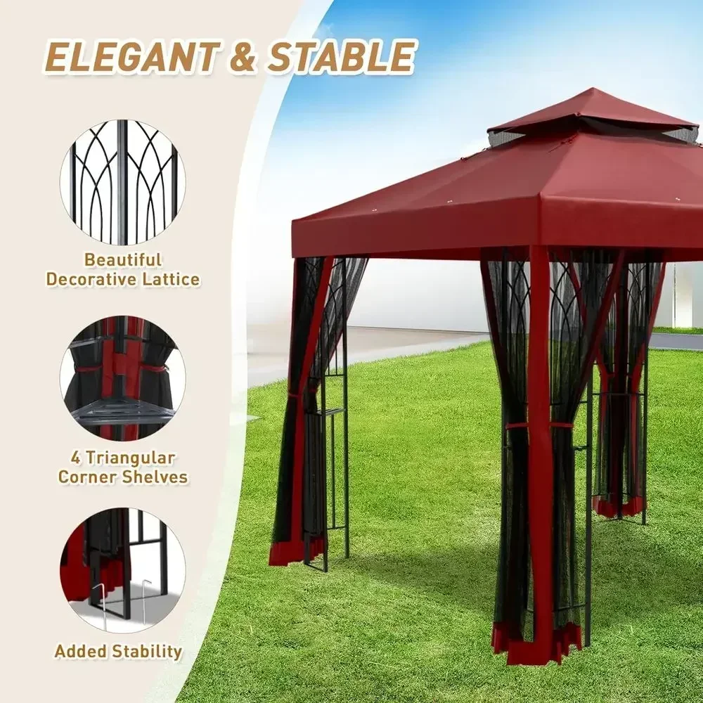 Red 8x8 Outdoor Gazebo with Mosquito Net and Shelves, Double Roof Pavilion for Backyard Garden Lawn