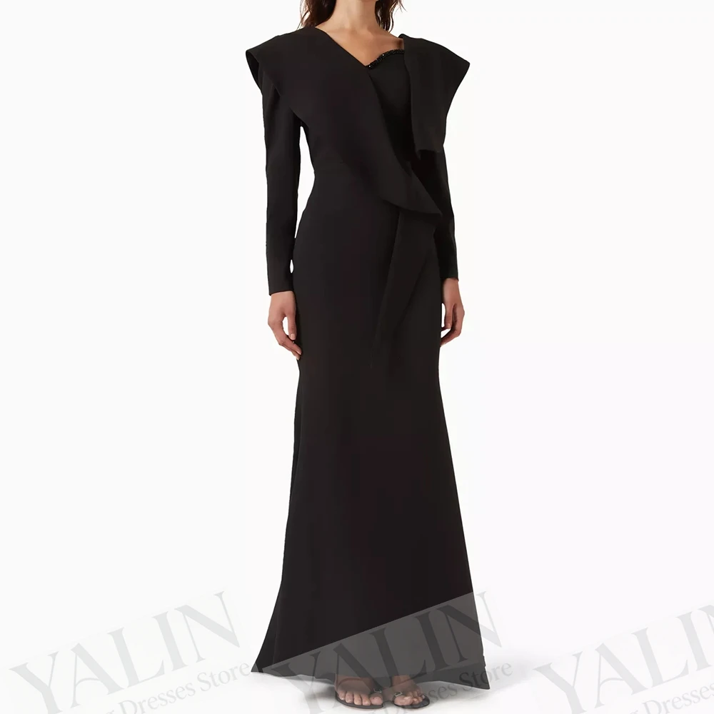 

Women's Mermaid Evening Dresses Floor-length V-neck Full Sleeve Prom Gown Fashion Crystal Stole Simple Draped Customized Gowns