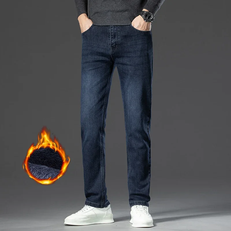 Winter Männlichen Gerade Stretch Fleece Jeans Gedruckt Warme Samt Hosen Business Casual Dicken Plüsch Denim Mode Marke Hosen