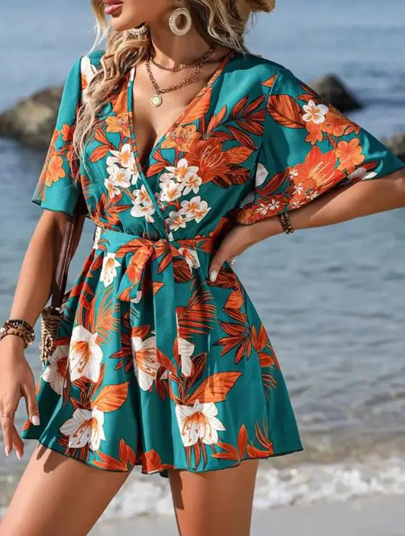 

Женский комбинезон 2026: Новинка Весна-Лето, модный, с цветочным принтом, V-образным вырезом, коротким рукавом, на шнуровке, повседневный, для пляжного отдыха