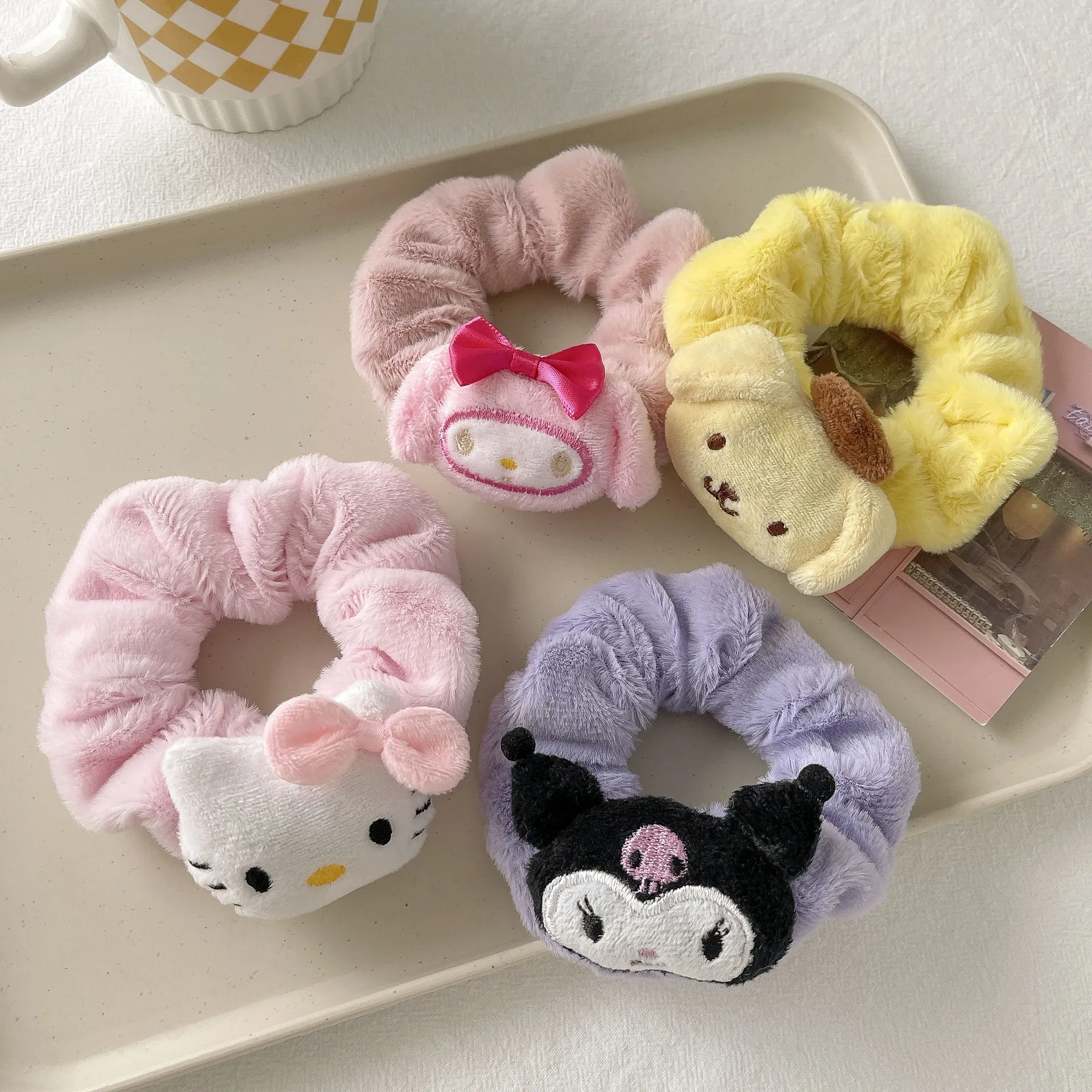 New Sanrio Kuromi Hello Kitty Cinnamoroll Anime Cartoon Plush Scrunchie Hair Rope Girl Ornament Kawaii Hair Accessories Kid Gift