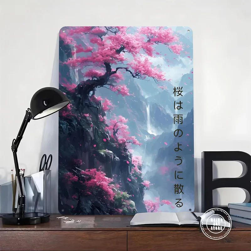 Cherry Blossom Waterfall 3D Printed Texture Poster Personalized Wall Art Retro Metal Tin Signs for Decoration Room Ornaments