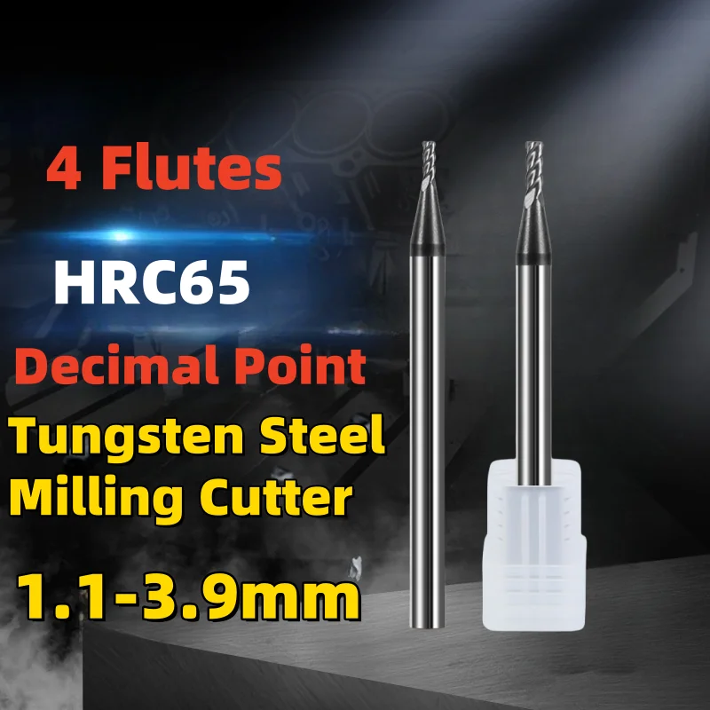 

1PCS Decimal Point Flat End Mill HRC60 CNC Cutter Tools 4 Flute 1.1-3.9mm Carbide Tungsten Steel Milling Cutter TICN-Coating