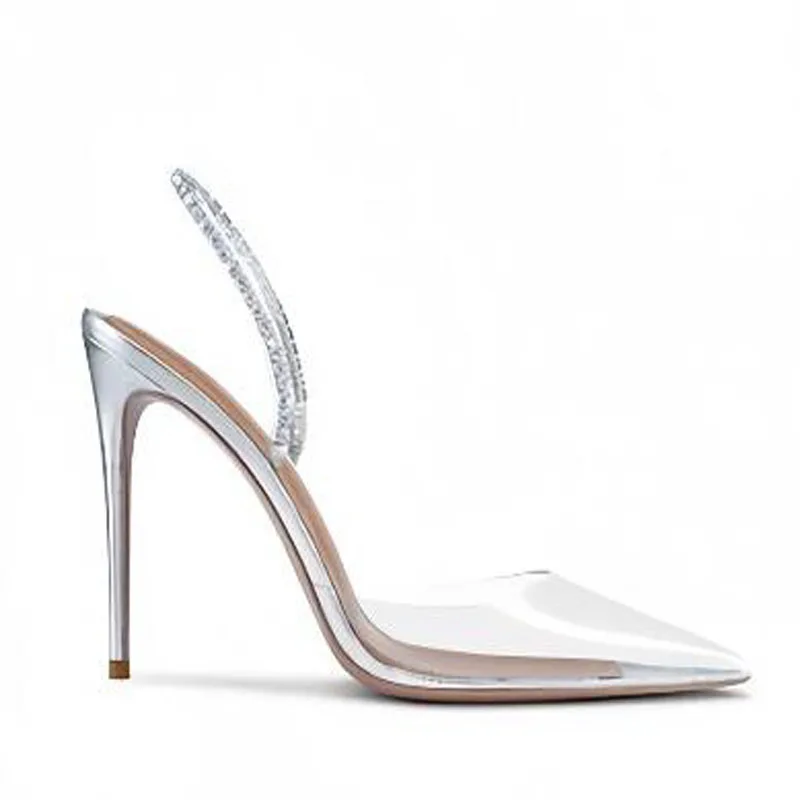 Women Transparent PVC Pointed Toe Bling Crystal Elastic Band Slingback Stiletto Pumps Female Thin Heels Party Dress Shoes 2