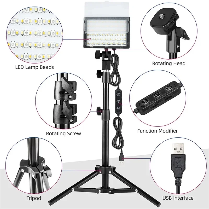 LEDビデオライト2個セット、USB撮影ライト、ミニ三脚付き、写真撮影/ゲームライブストリーミング/Zoom通話/ビデオライブ用