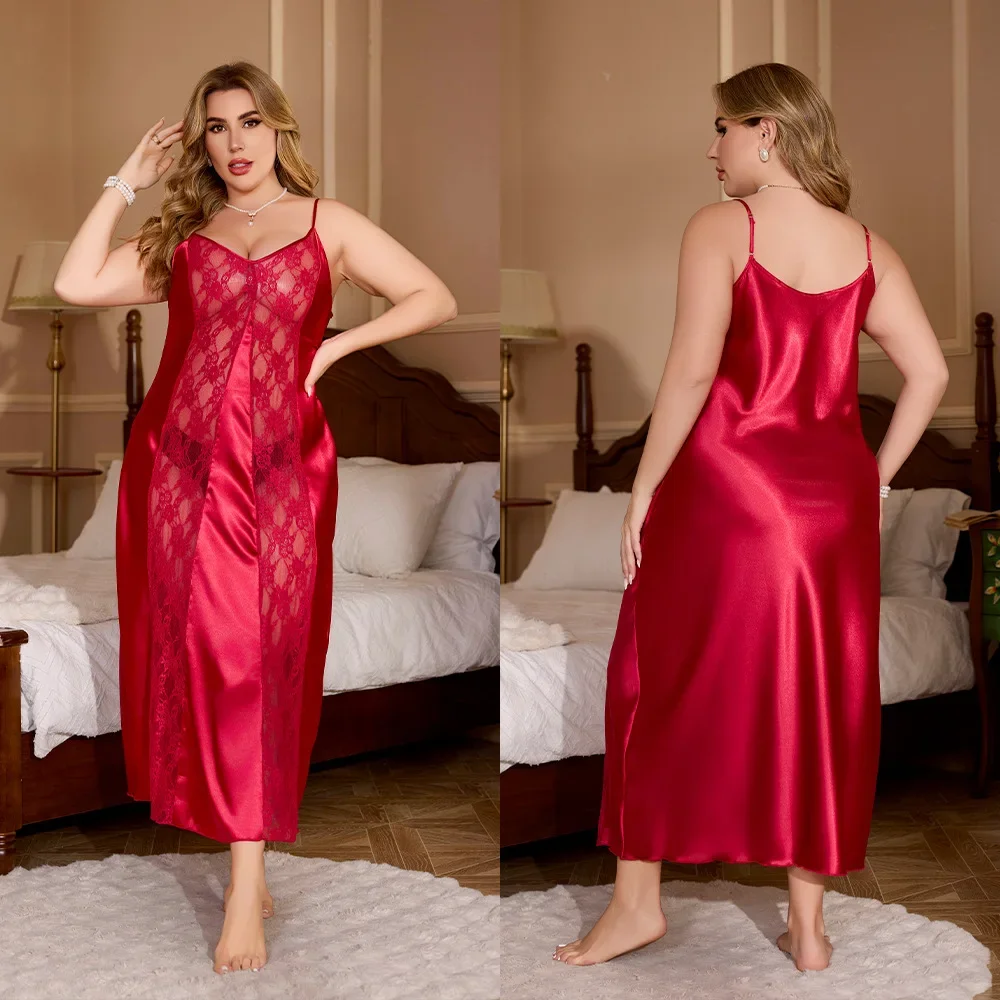 

Бордовая ночная рубашка на тонких бретельках, большой размер 3Xl 4Xl 5Xl, женская элегантная одежда для сна, сексуальное кружевное перспективное белье, атласное нижнее белье