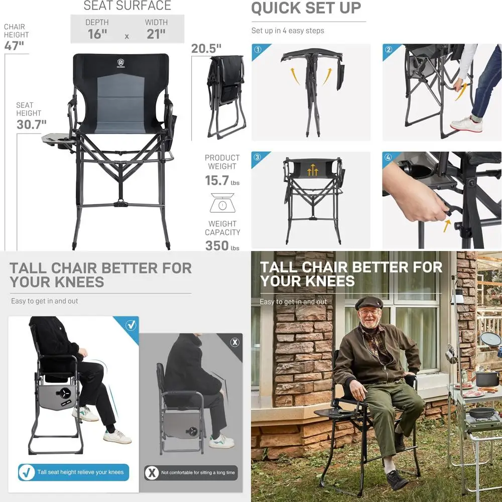 

Комплект из 2 портативных складных кресел DirectChair High с высотой сиденья 30,7 дюйма, с боковым столиком, для визажистов, спортивных мероприятий, кемпинга