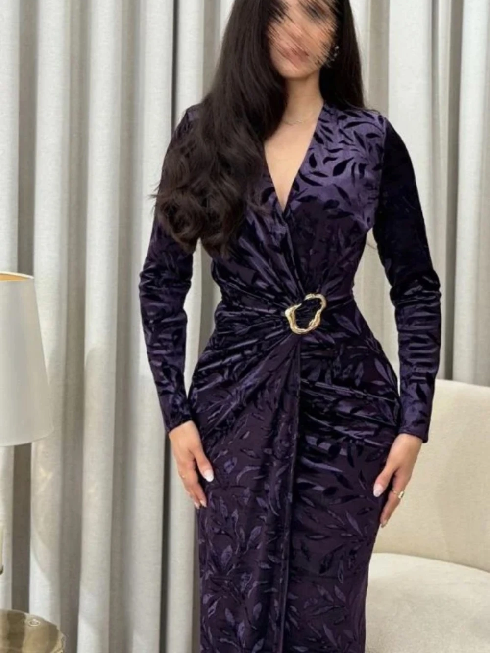 Elegant Purple Velvet Maxi Prom Dress For Women Dubai V Neck Long Sleeve Bodycon Evening Party Wedding Galas Wear S-3XL