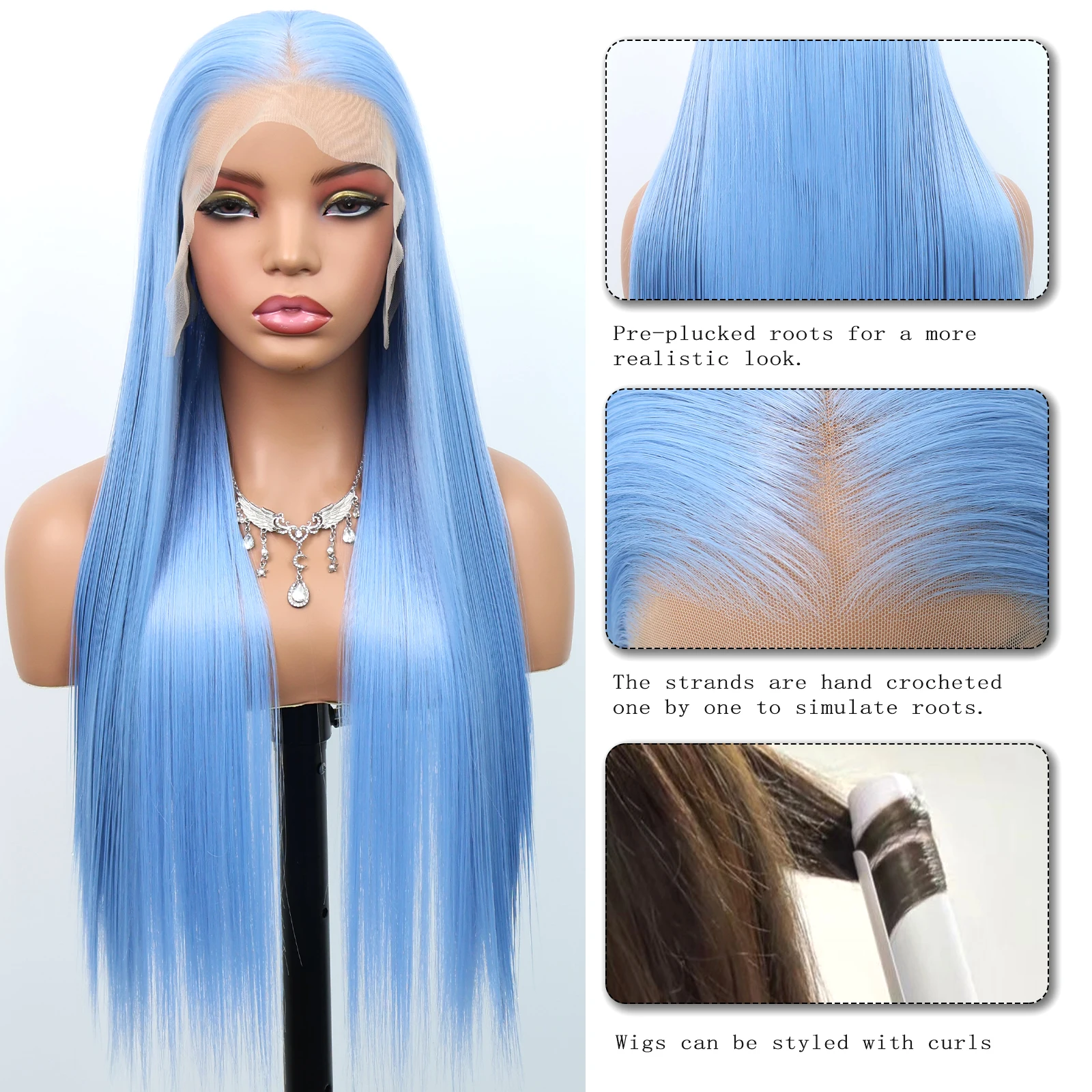 Women Glueless Light Blue Long Straight Synthetic Lace Front Wig, 28 Inch 180% Density Pre Plucked 13×4 Lace Wig, Heat Resistant Hair for Daily Wear Party Cosplay Daily Wear