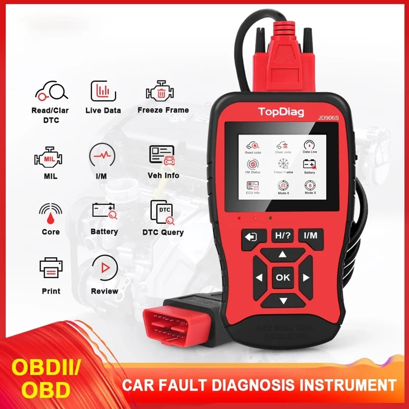 

Topdiag JD906S OBD2 Scanner Battery Test Scanner Code Clear Fault Code Car Diagnostic Tool HD Display Engine Scanner